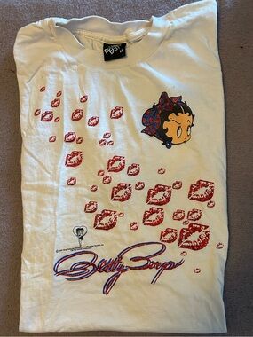 Betty Boop White Tee with Red Kiss Prints and Blue Script